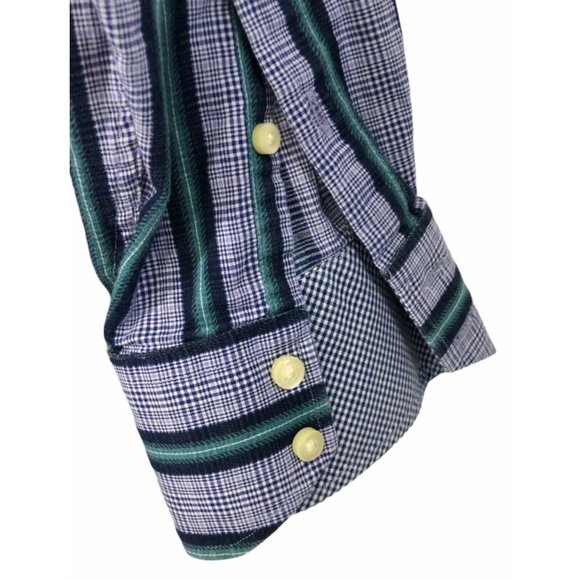 Thomas Dean Button Up Shirt Mens XXL Striped Checks Blue Long Sleeves Flip Cuffs - Picture 5 of 8